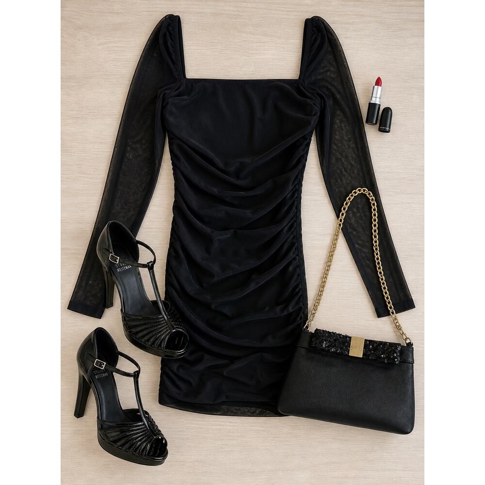 Princess Polly Black Ruched Mesh Sleeve Mini Dress Bodycon Cocktail Party Size 2